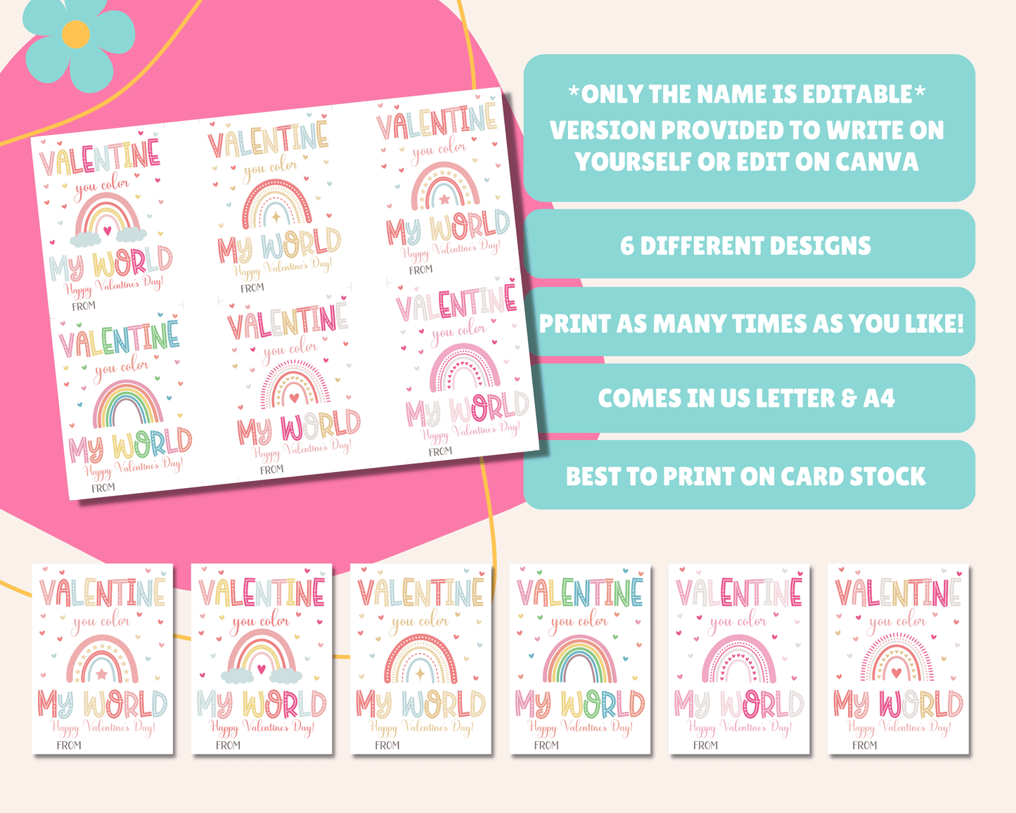 Editable Rainbow Valentine Cards for Kids Classroom Valentine