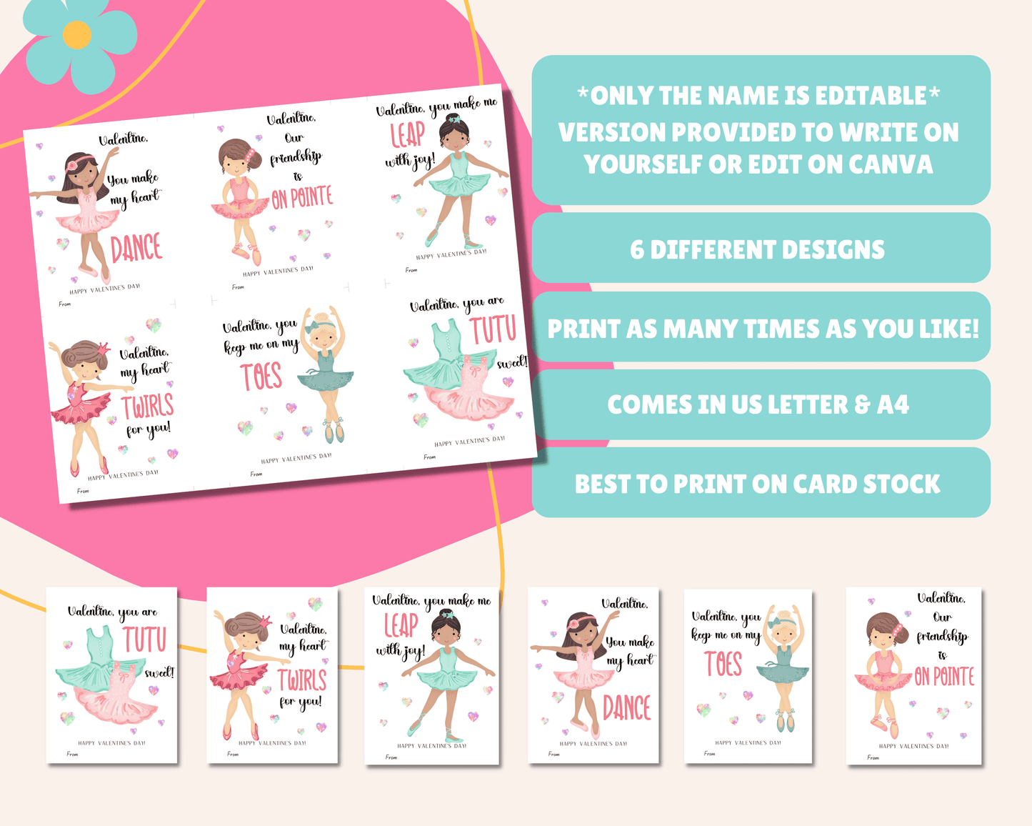 nstruction page with details on how to use the ballet Valentine cards, including "Only name is editable," "Version provided to write name yourself or edit on Canva," "Comes in 2 sizes," "Best to print on card stock," and "Comes in US Letter & A4"