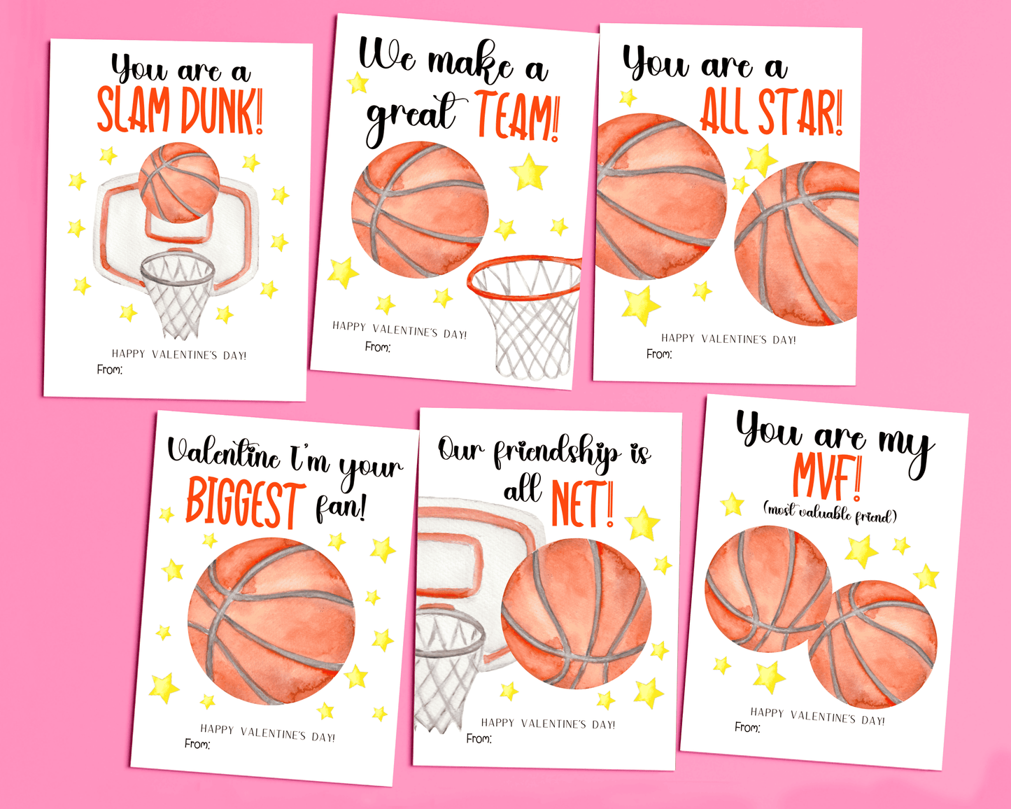 Image showing six different basketball-themed Valentine cards with basketball illustrations, hoops, and sporty designs, each featuring a unique Valentine’s Day message.