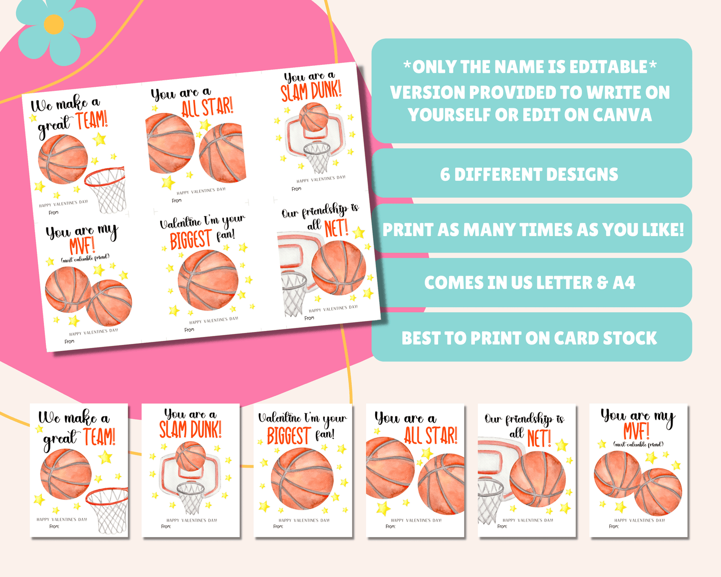 Instruction page for editable basketball Valentine cards with notes like "Only name is editable," "Version provided to write name yourself or edit on Canva," "Comes in 2 sizes," "Best to print on card stock," and "Comes in US Letter & A4."