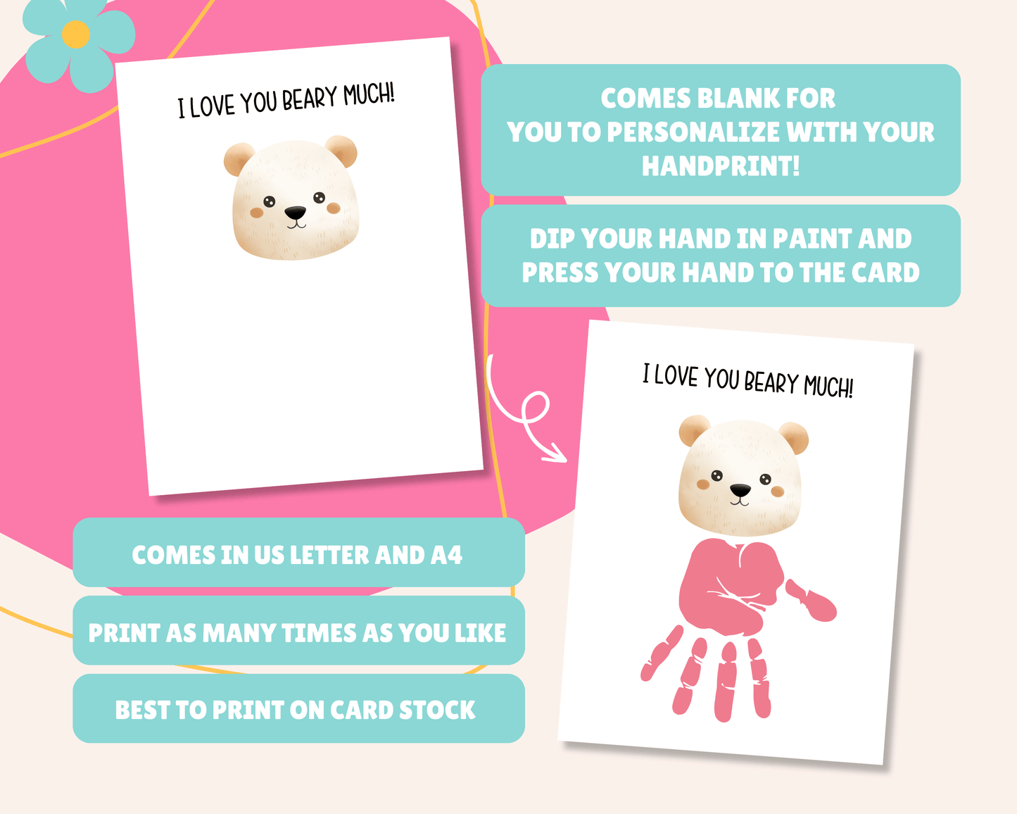 Blank card for personalizing with handprint art, instructions to dip hand in paint and press on the card, available in US Letter and A4 sizes, printable as many times as needed, and best printed on card stock.