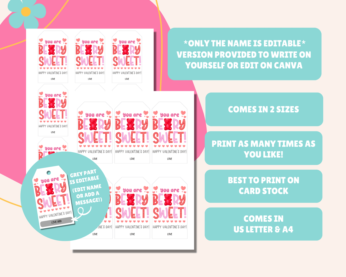 Editable Gummy Bear Valentine Gift Tags for Kids Classroom Valentine