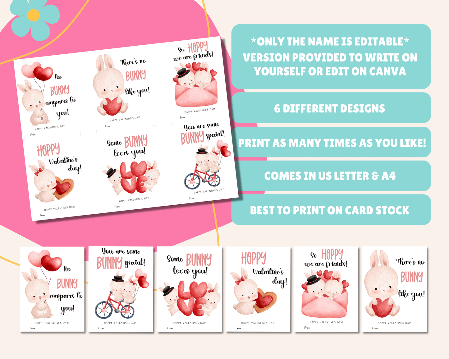 Only name is editable, version provided to write the name yourself or edit on Canva, comes in US Letter & A4, best to print on cardstock.