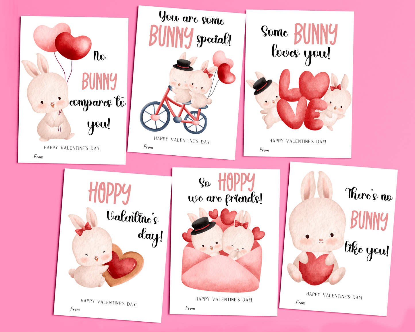 6 different bunny valentine cards, featuring cute bunnies holding hearts or sweet messages for Valentine's Day.