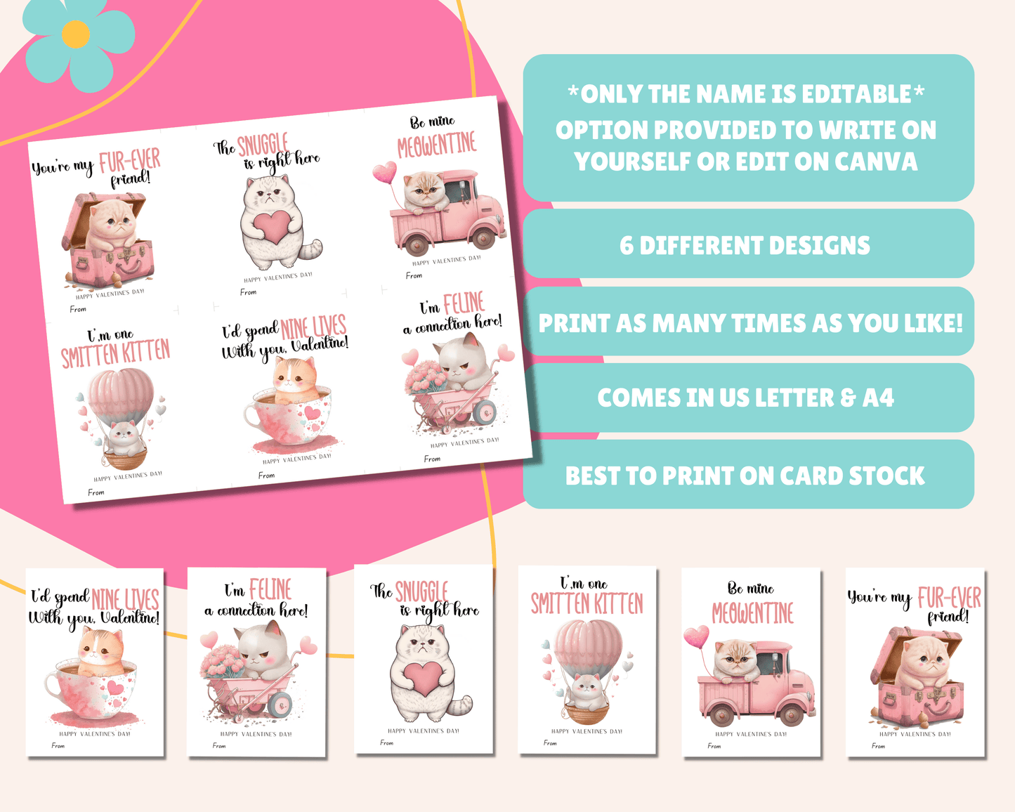 Only name is editable, version provided to write the name yourself or edit on Canva, comes in US Letter & A4, best to print on cardstock.