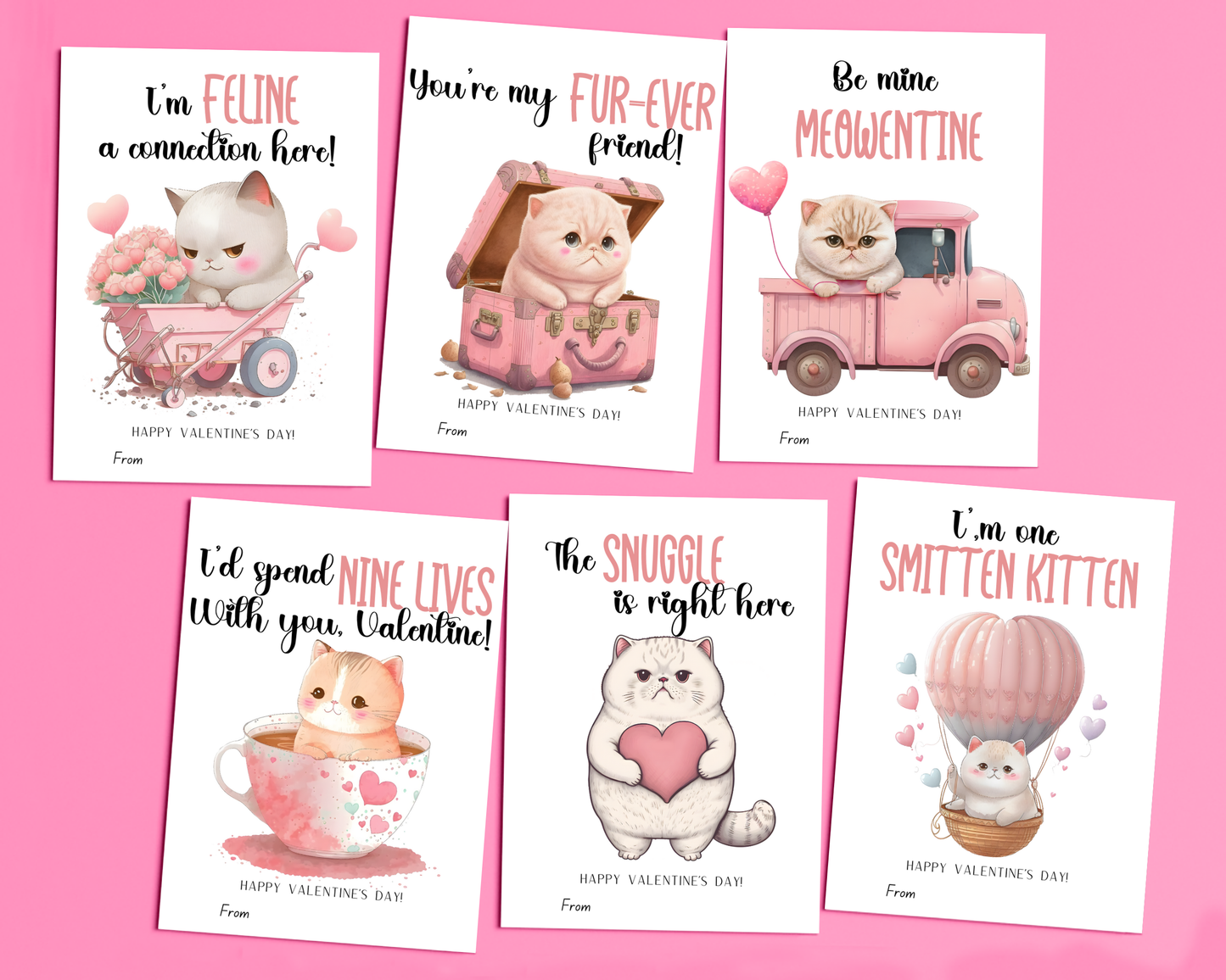 6 different cat valentine cards featuring adorable cats with cute Valentine’s Day messages.