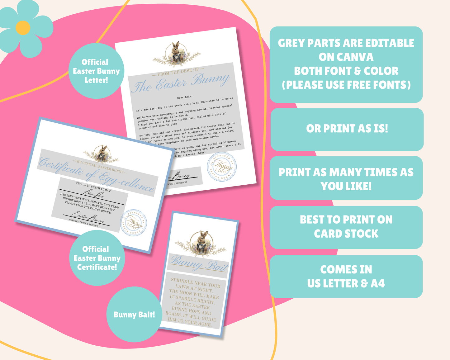 Bunny Bundle - Blue Easter Bunny Bait Tag, Editable Easter Bunny Letter, Certificate