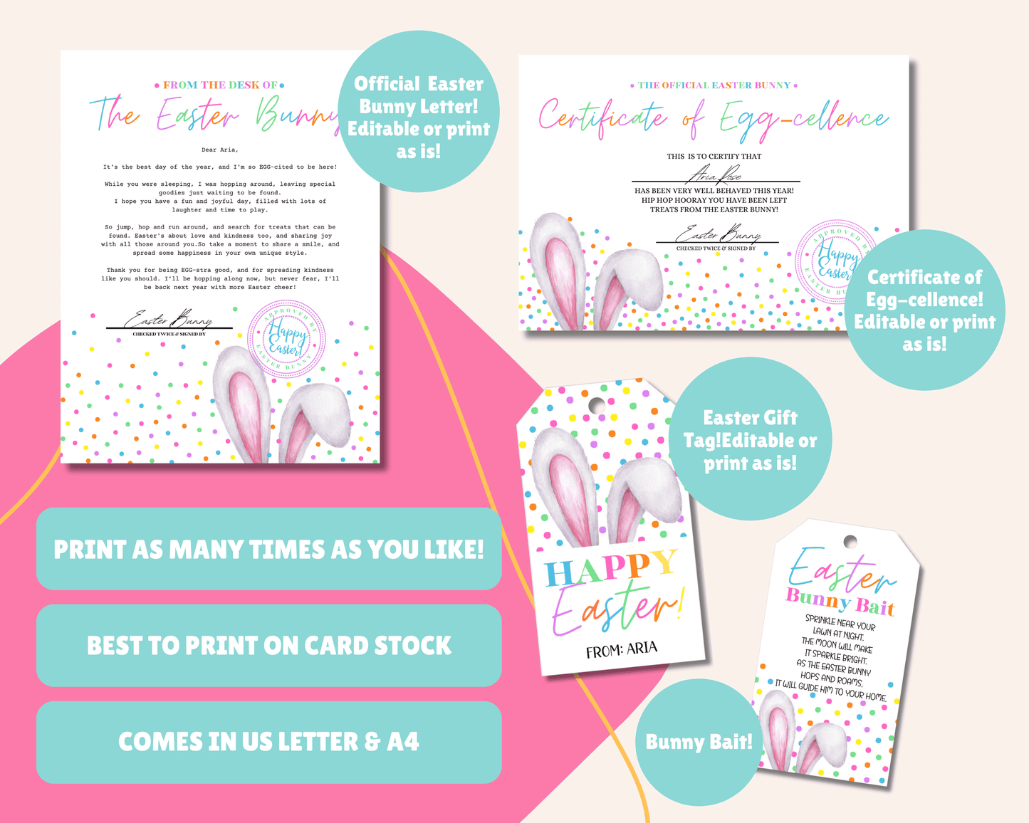 Easter Bunny Bundle – Colorful Bunny Bait Tag, Letter, Certificate, Gift Tags & Activity Pages