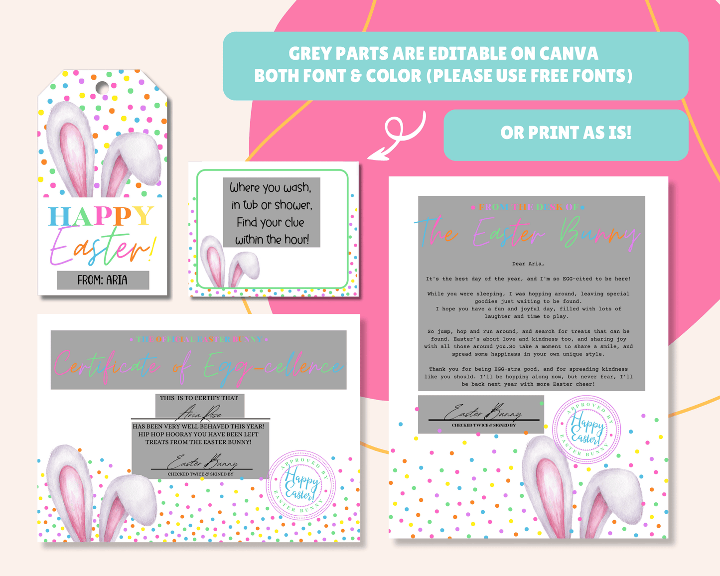Easter Bunny Bundle – Colorful Bunny Bait Tag, Letter, Certificate, Gift Tags & Activity Pages