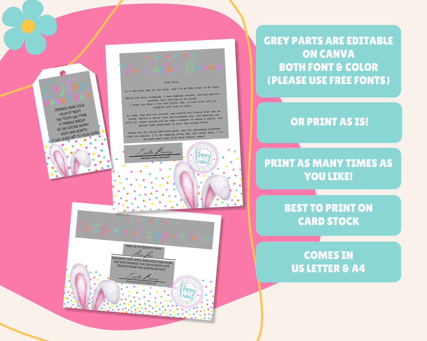 Bunny Bundle - Colorful Dot Easter Bunny Bait Tag, Editable Easter Bunny Letter, Certificate