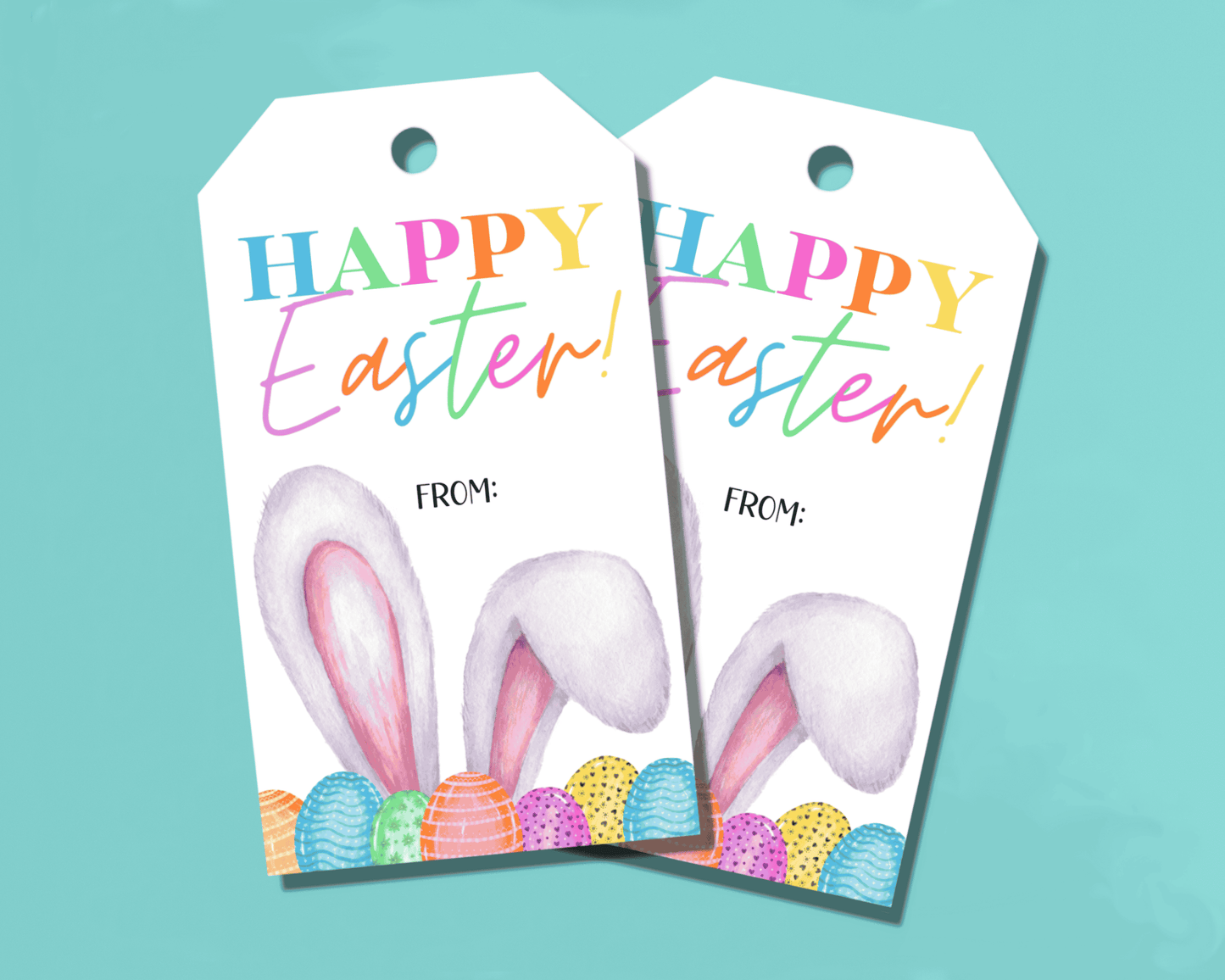 Easter gift tag with "Happy Easter" and "From" text, featuring bunny ears and Easter eggs at the bottom of the tag.