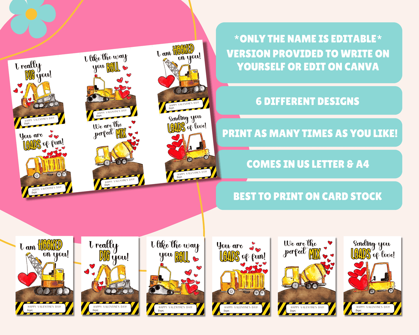 Instruction page for construction-themed Valentine cards with details on editing the name, writing it yourself or using Canva, printing in two sizes, best printed on card stock, and available in US Letter & A4