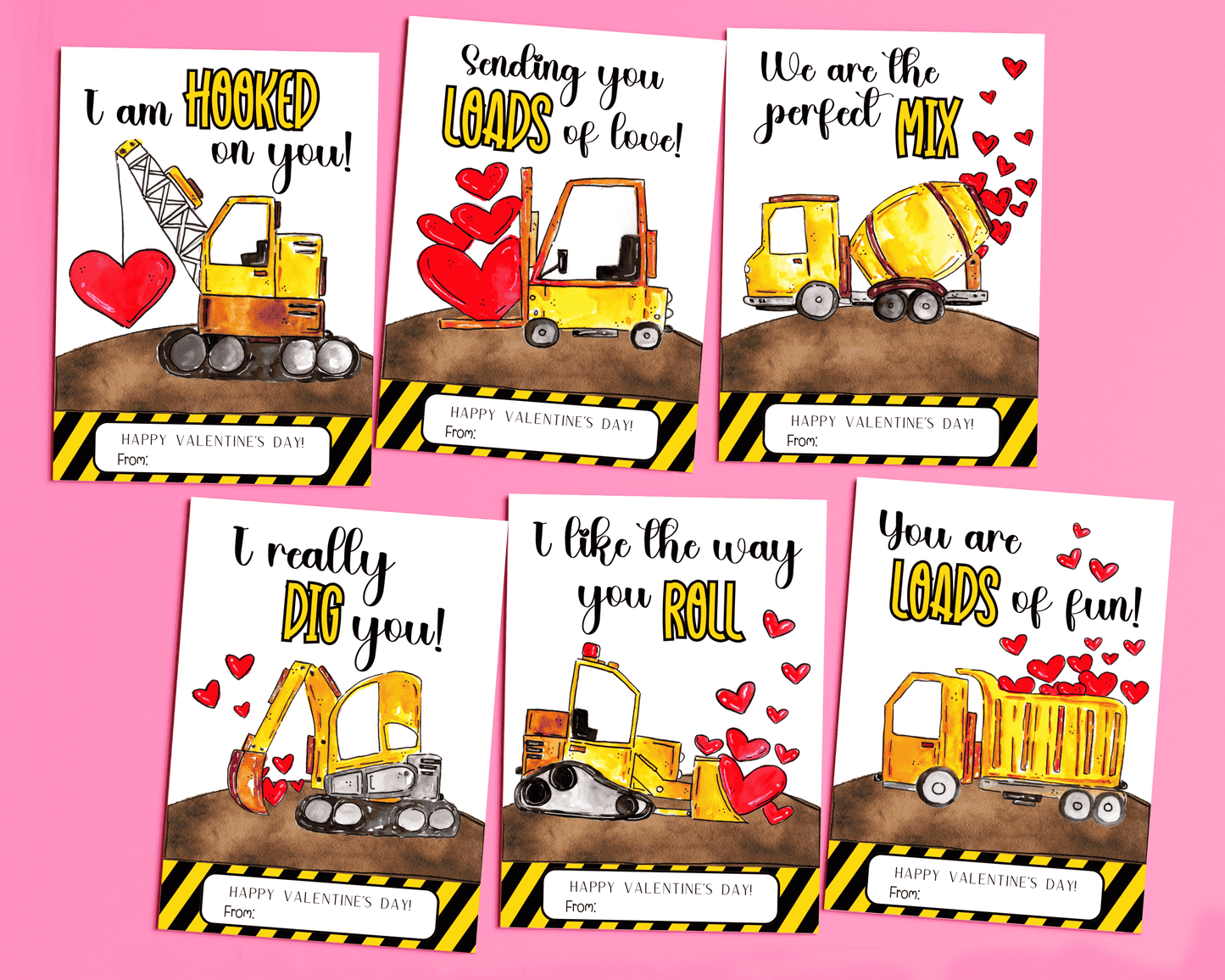 6 different construction-themed Valentine cards featuring dump trucks, excavators, and bulldozers with cute Valentine messages
