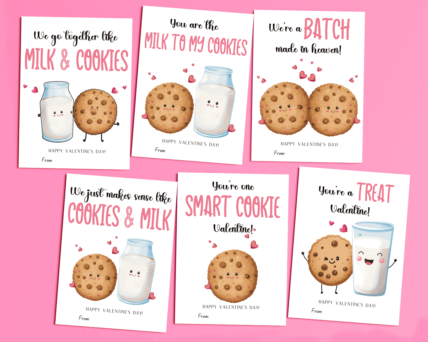 6 different Valentine cards featuring cute milk and cookie designs with heart accents and playful Valentine messages