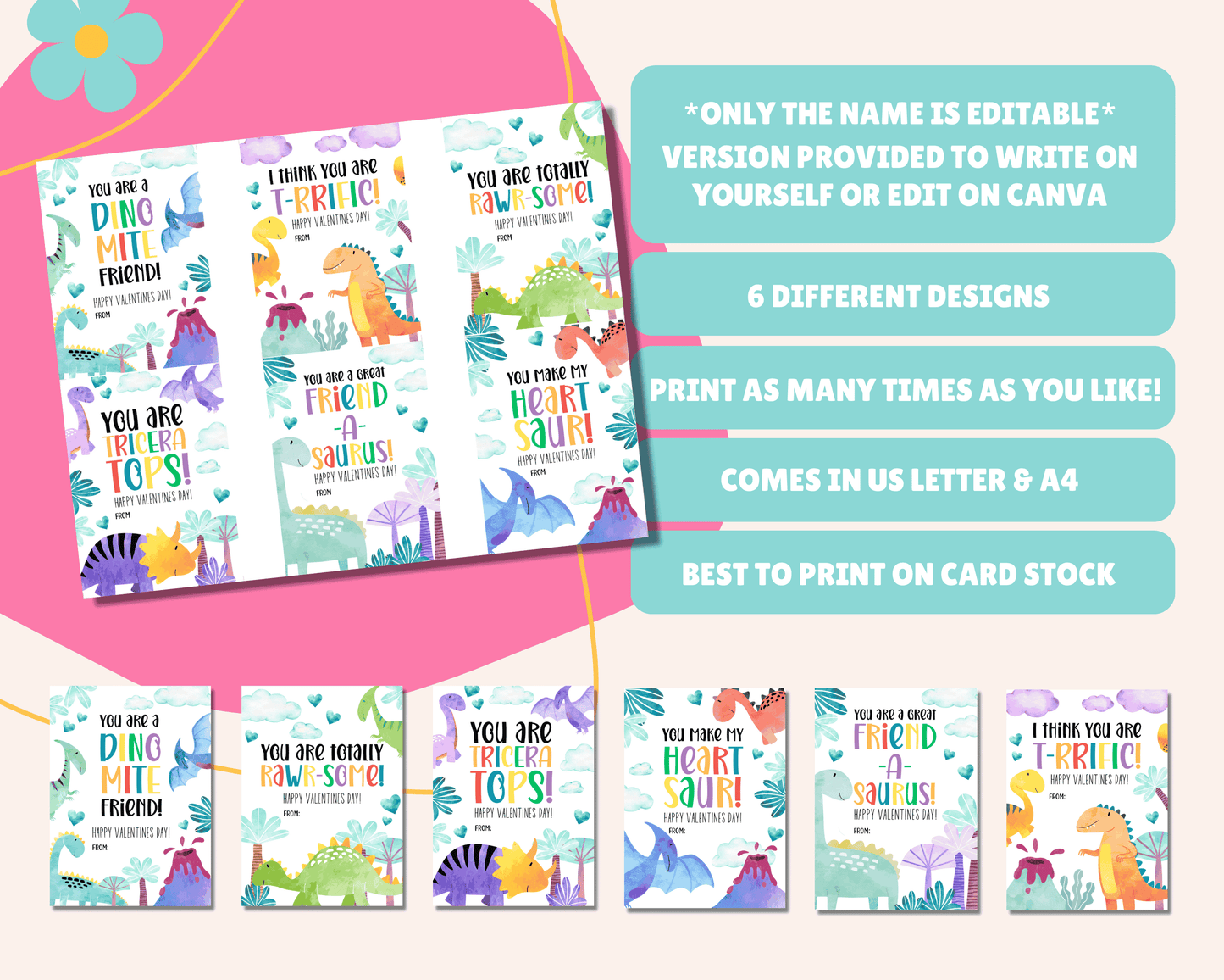 Instructions for creating your Dinosaur Valentine Cards: "Only name is editable," "Version provided to write name yourself or edit on Canva," "Comes in 2 sizes," "Best to print on card stock," "Comes in US Letter & A4."