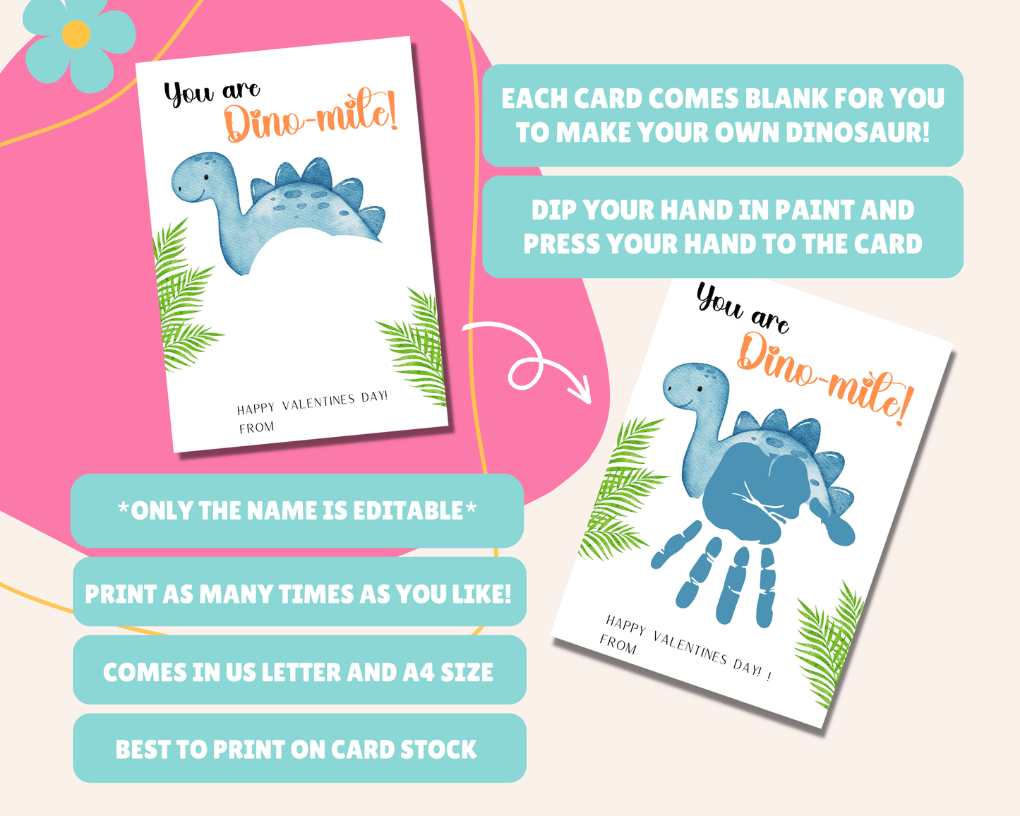 Instructions for Dinosaur Valentine card: "Only name is editable," "Version provided to add name yourself or edit on Canva," "Comes in 2 sizes," "Best to print on card stock," "Comes in US Letter & A4."