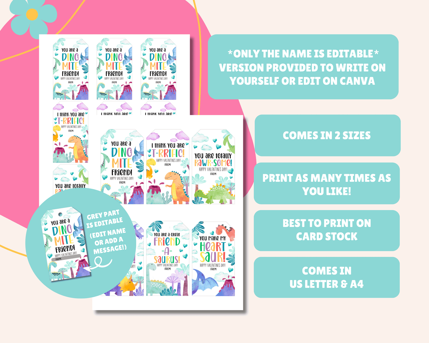 Only the name is editable. The version provided allows you to either write the name yourself or edit it on Canva. It comes in two sizes, US Letter and A4, and is best printed on cardstock. A blank version is also provided for you to write or print your name.