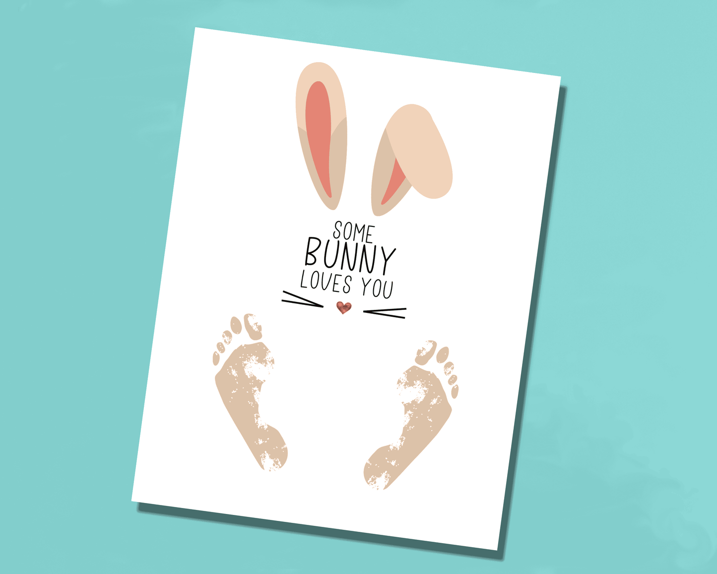 Easter footprint art featuring a bunny illustration with the phrase "Some Bunny Loves You" and space for children's footprints.