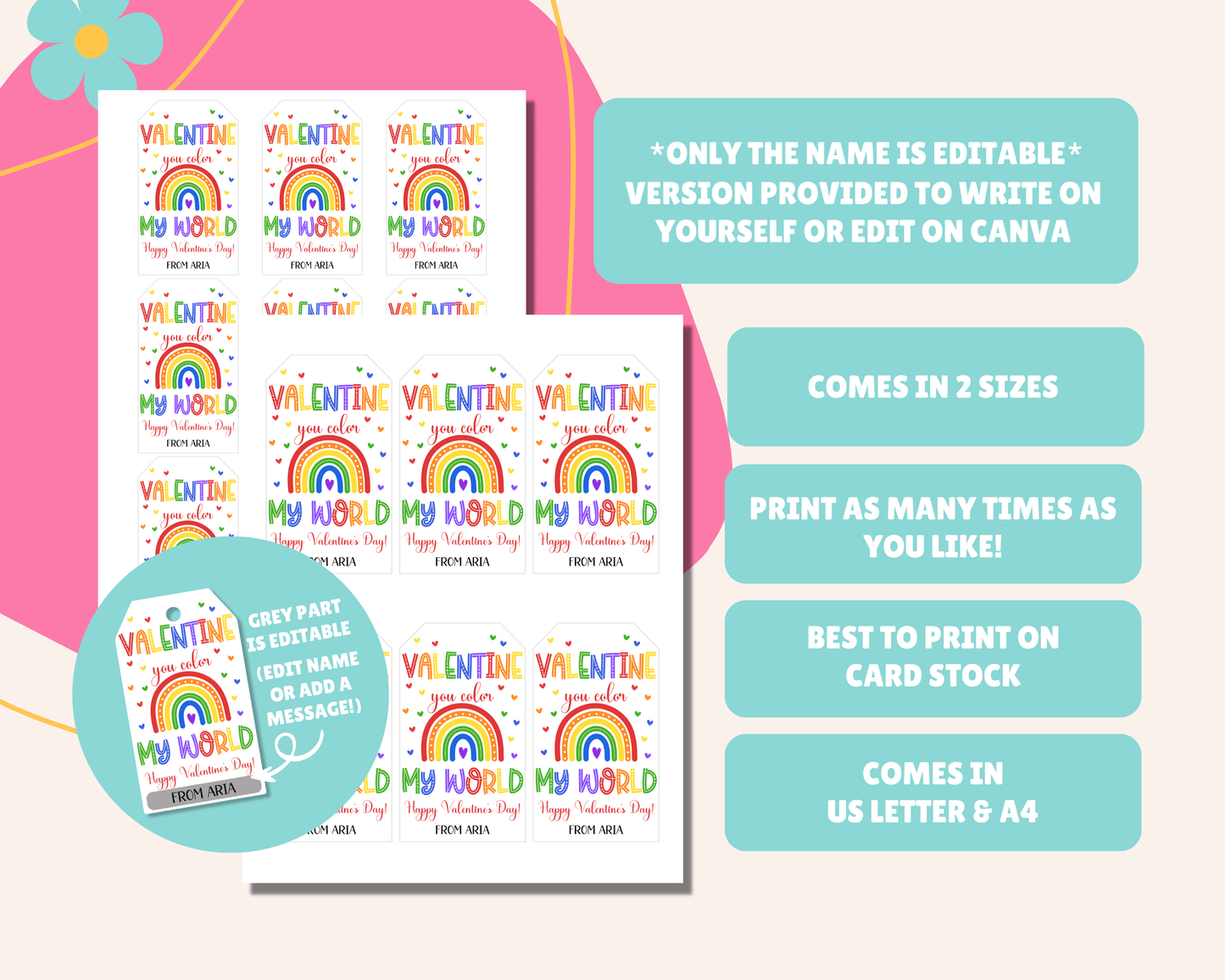 Editable Rainbow Treat Valentine Gift Tags for Kids Classroom Valentine