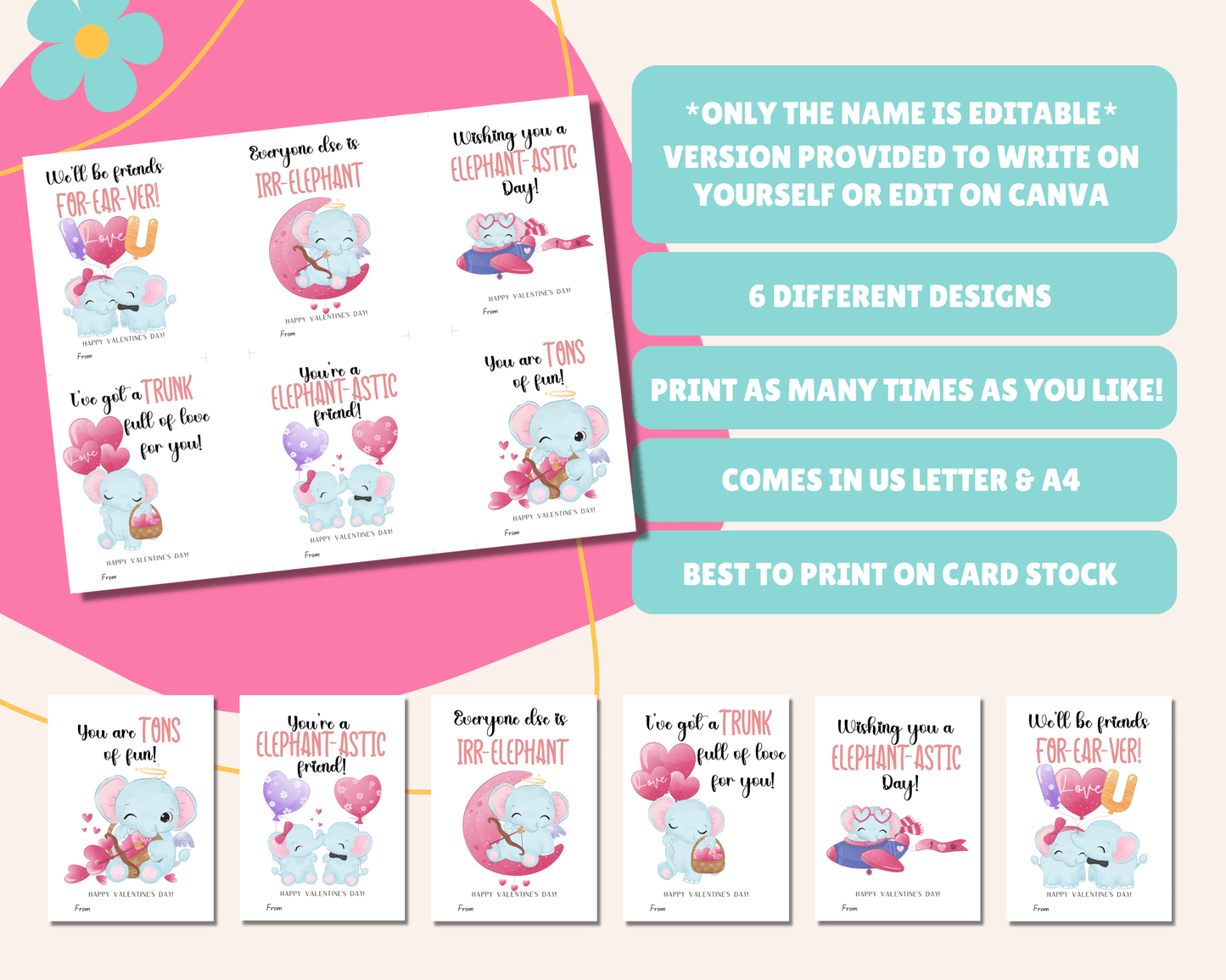 Editable Elephant Valentine Cards for Kids Classroom