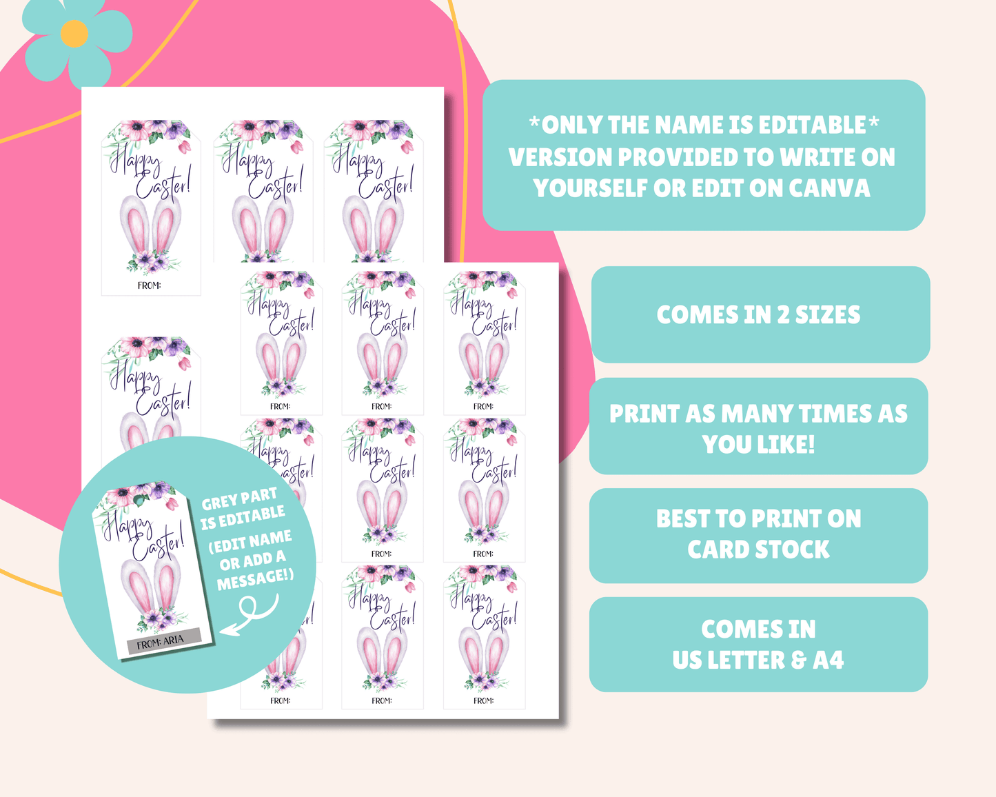 Editable Easter Gift Tags, Printable Easter Basket Tags