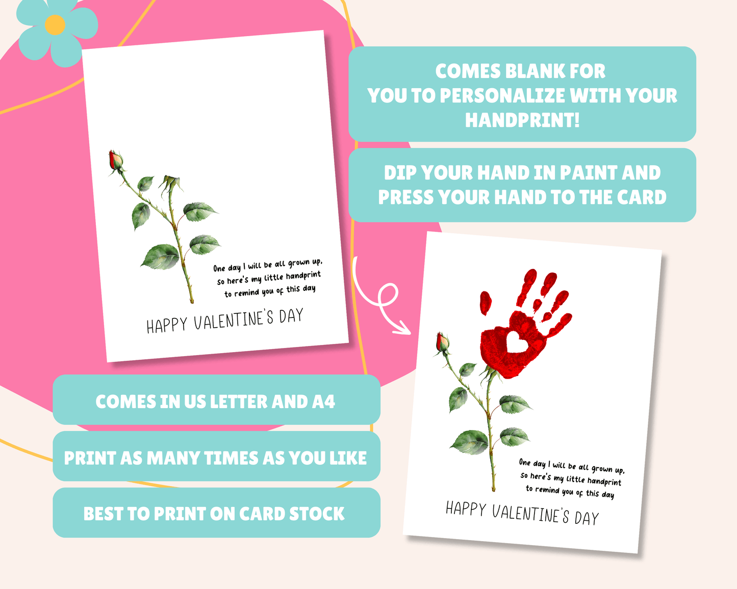 Blank card for personalizing with handprint art, instructions to dip hand in paint and press it on the card, available in US Letter and A4 sizes, printable as many times as needed, and best printed on card stock.