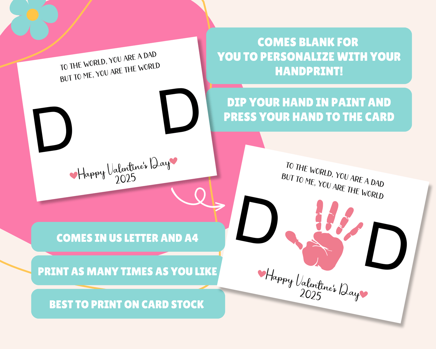 Blank card for personalizing with handprint art, instructions to dip hand in paint and press it on the card, available in US Letter and A4 sizes, printable as many times as needed, and best printed on card stock.