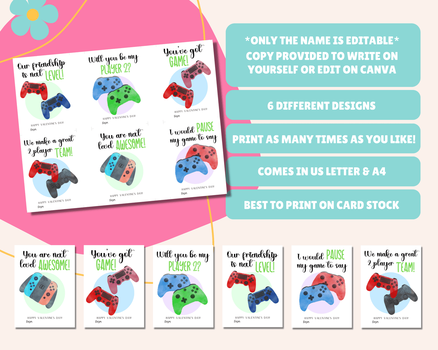 Editable Gamer Valentine Cards for Kids Classroom Valentine