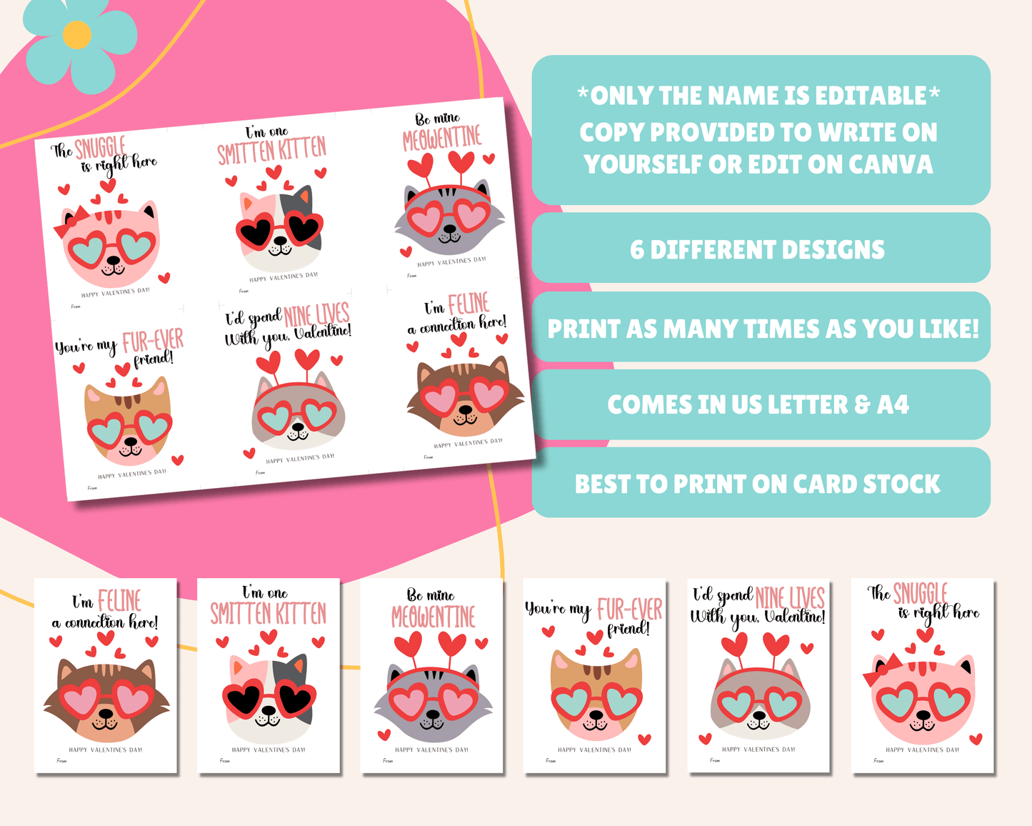 Instruction page for editable cat Valentine cards with notes like "Only name is editable," "Version provided to write name yourself or edit on Canva," "Comes in 2 sizes," "Best to print on card stock," and "Comes in US Letter & A4."