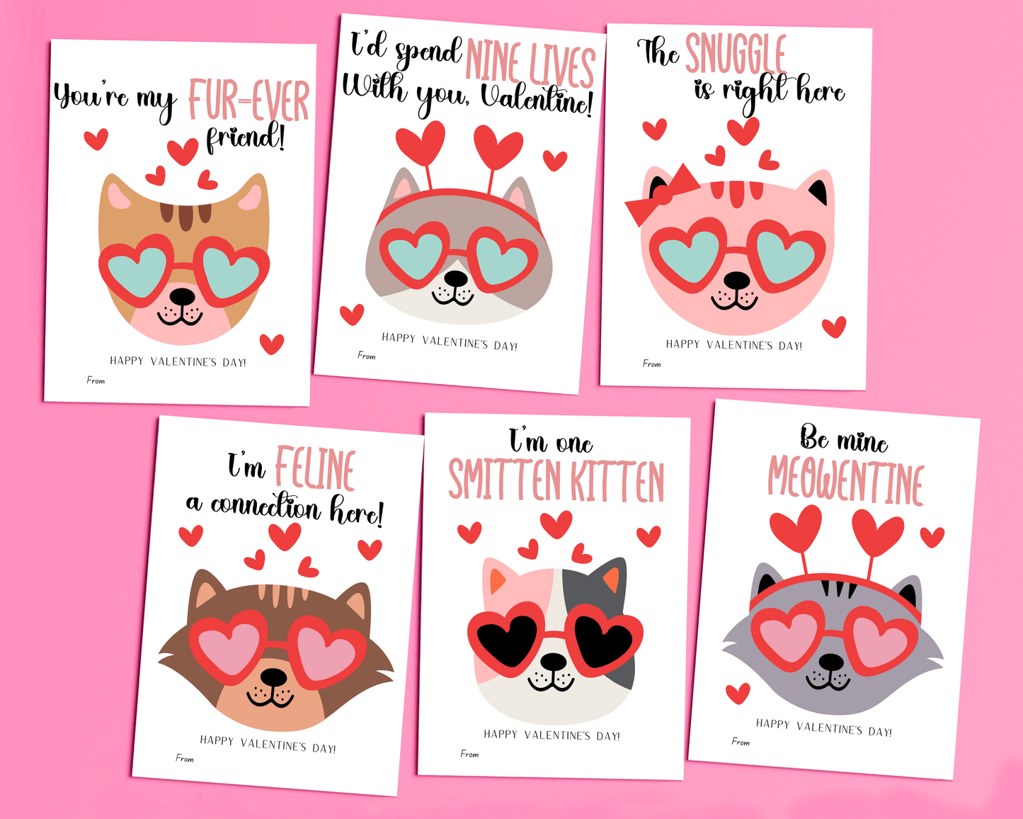 image showing six different cat-themed Valentine cards with cats wearing heart-shaped sunglasses, each featuring a fun Valentine’s Day message.