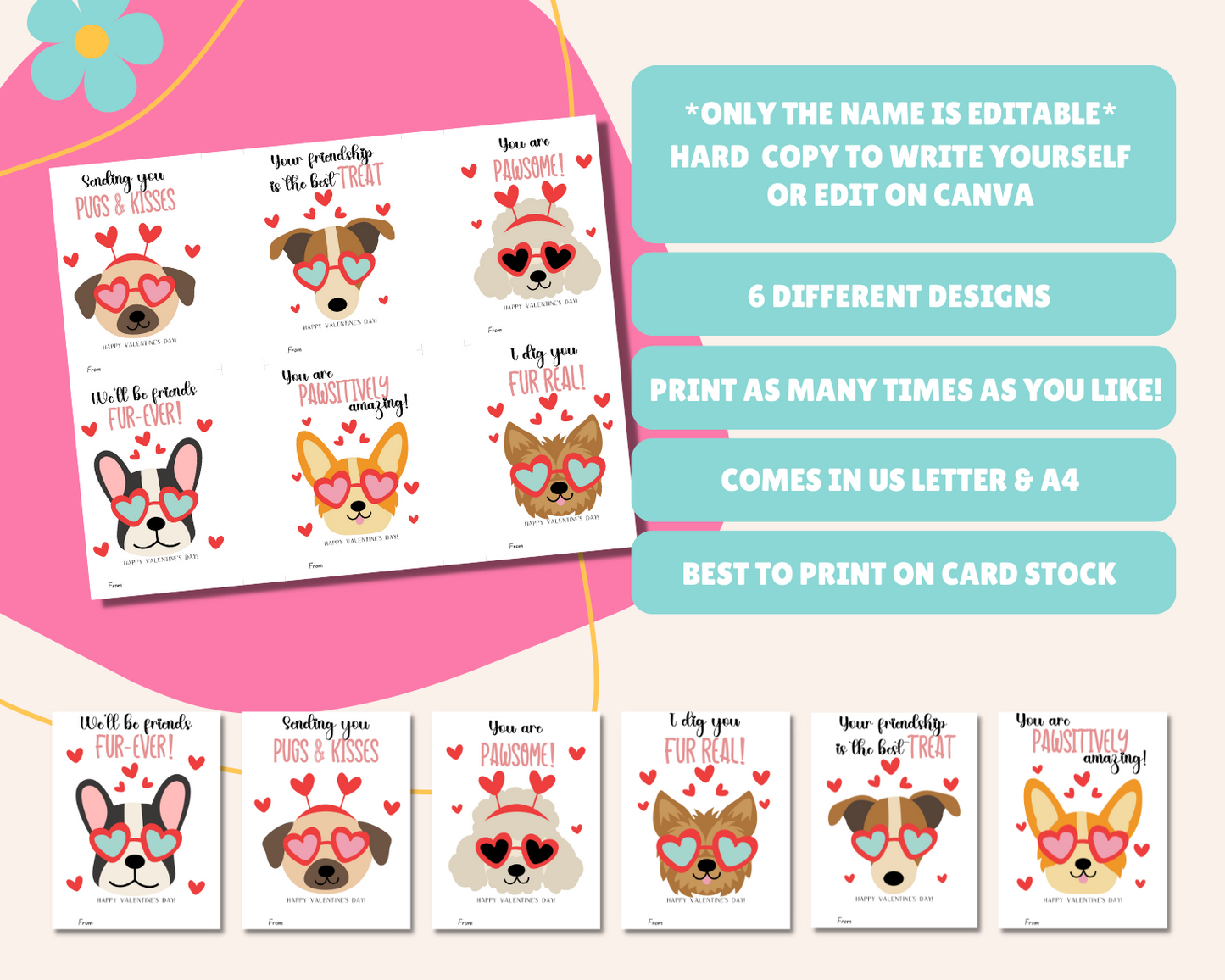 Only name is editable, version provided to write the name yourself or edit on Canva, comes in US Letter & A4, best to print on cardstock.