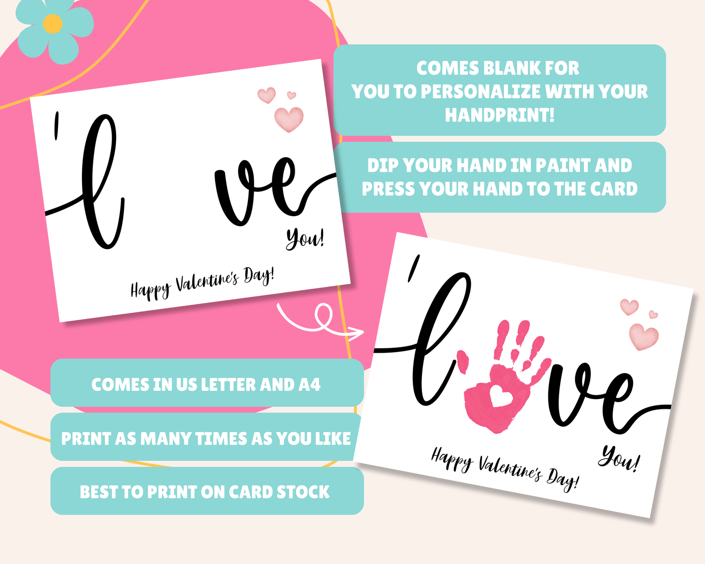 Blank card for personalizing with handprint art, instructions to dip hand in paint and press it on the card, available in US Letter and A4 sizes, printable as many times as needed, and best printed on card stock.