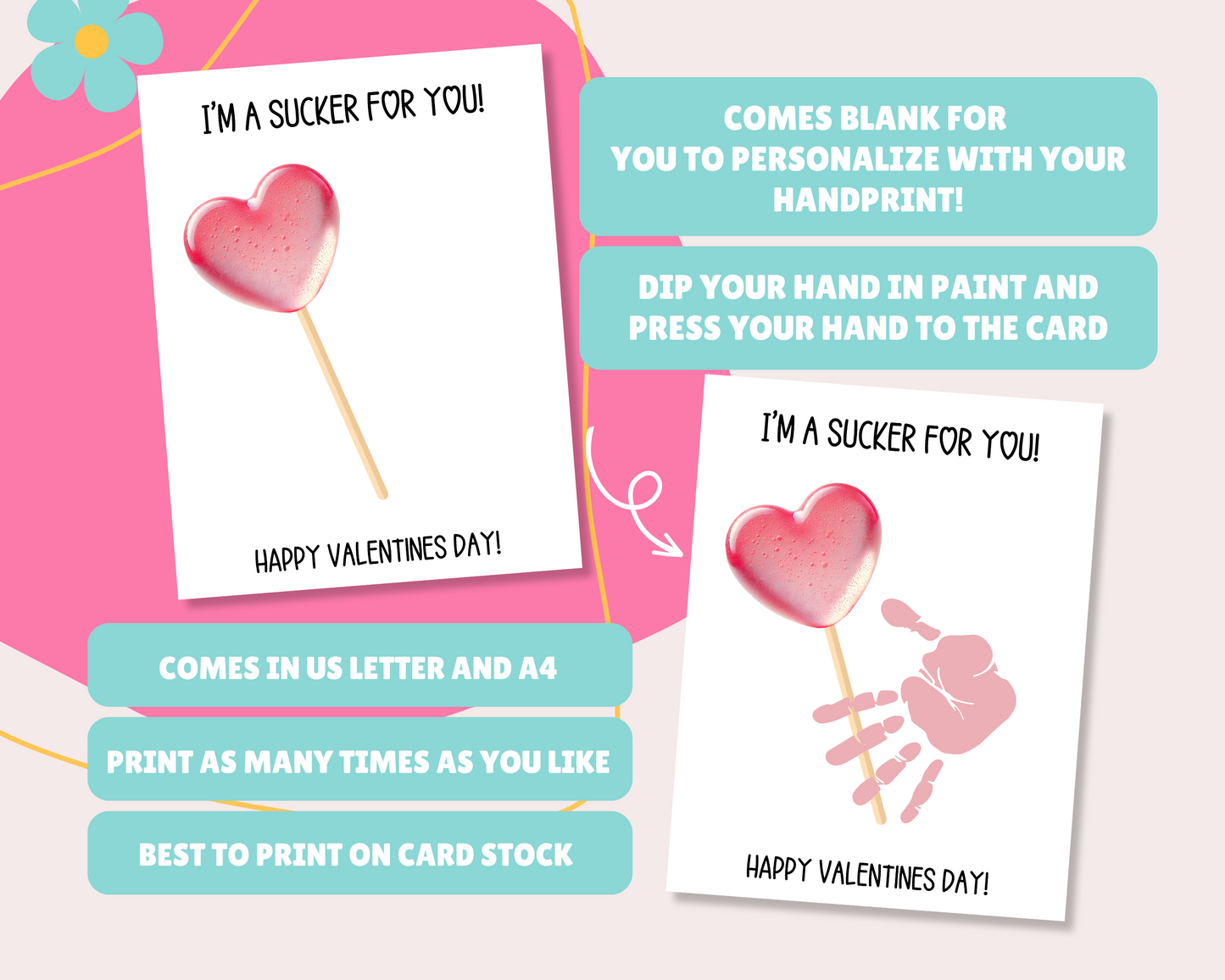 Blank card for personalizing with handprint art, instructions to dip hand in paint and press on the card, available in US Letter and A4 sizes, printable as many times as needed, and best printed on card stock.