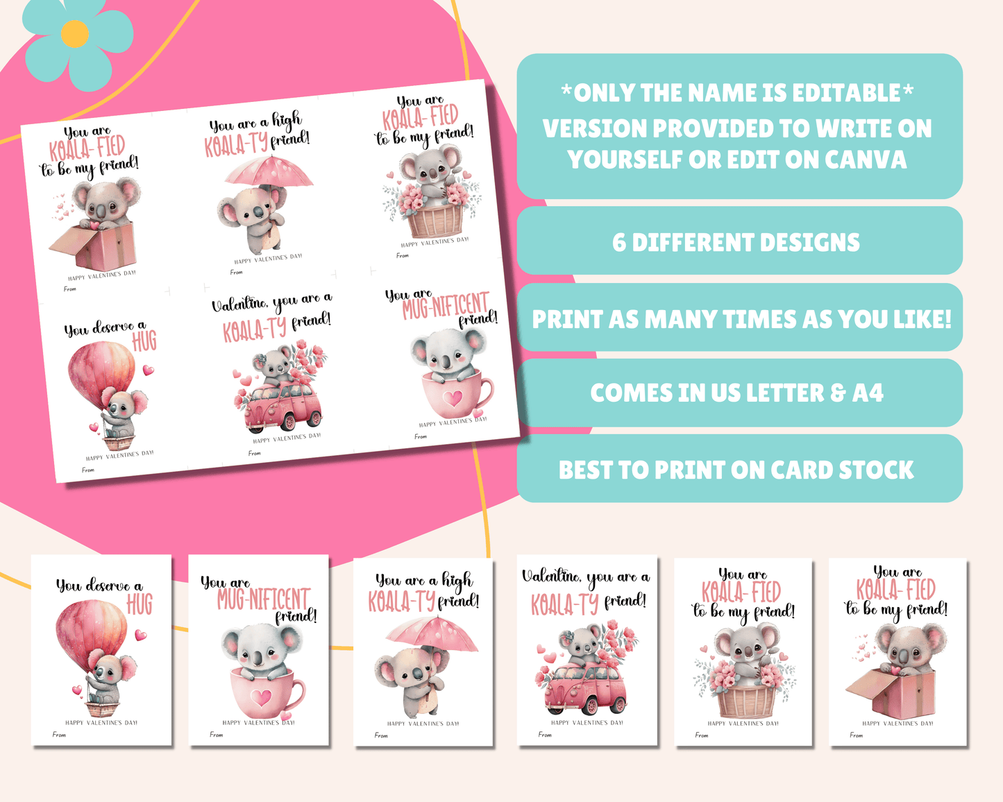 Editable Koala Valentine Cards for Kids Classroom Valentine