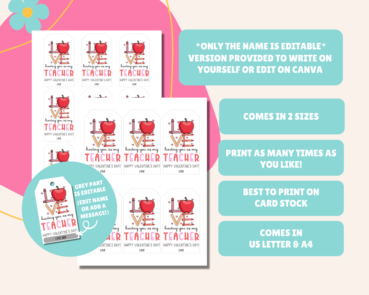 Editable Teacher Appreciation Valentine Gift Tags for Kids Classroom Valentine
