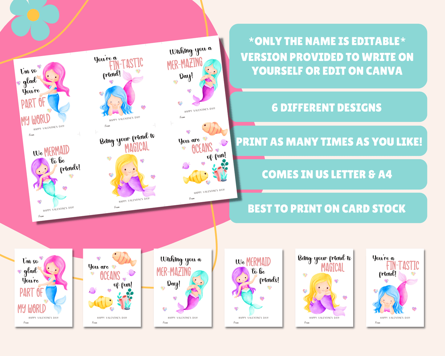 Editable Mermaid Valentine Cards for Kids Classroom Valentine