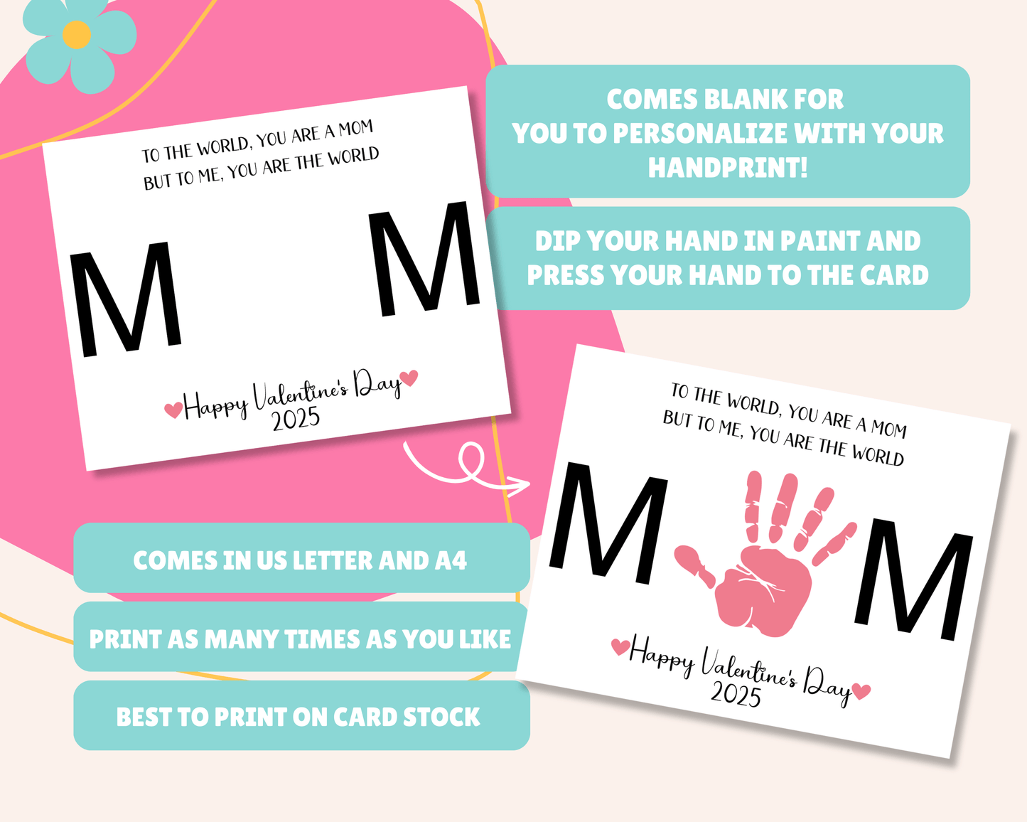 Blank card for personalizing with handprint art, instructions to dip hand in paint and press it on the card, available in US Letter and A4 sizes, printable as many times as needed, and best printed on card stock.