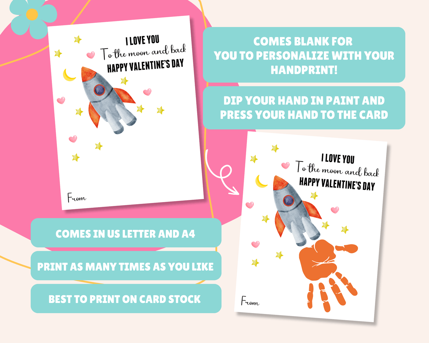 Blank card for personalizing with handprint art, instructions to dip hand in paint and press on the card, available in US Letter and A4 sizes, printable as many times as needed, and best printed on card stock