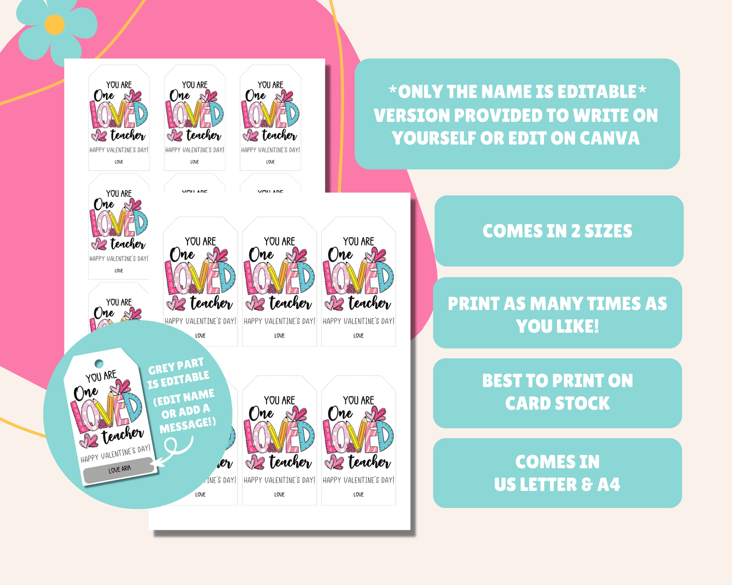 Editable Teacher Appreciation Valentine Gift Tags for Kids Classroom Valentine