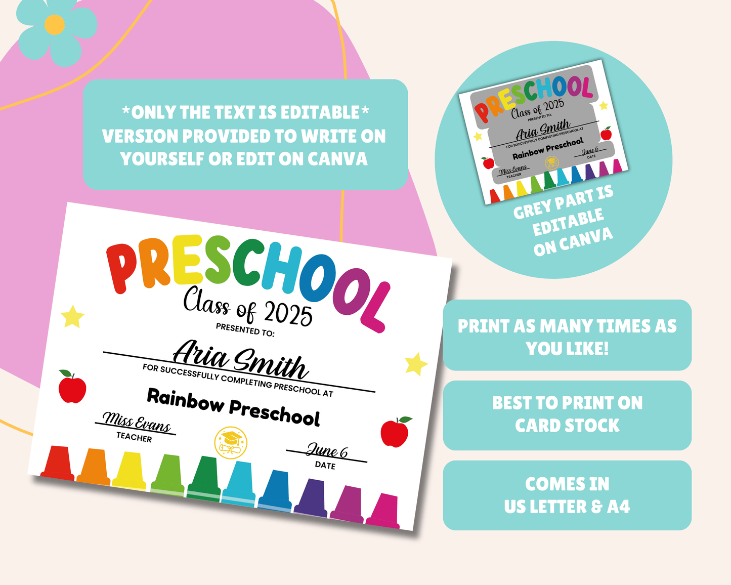 EDITABLE Last Day of Preschool Certificate