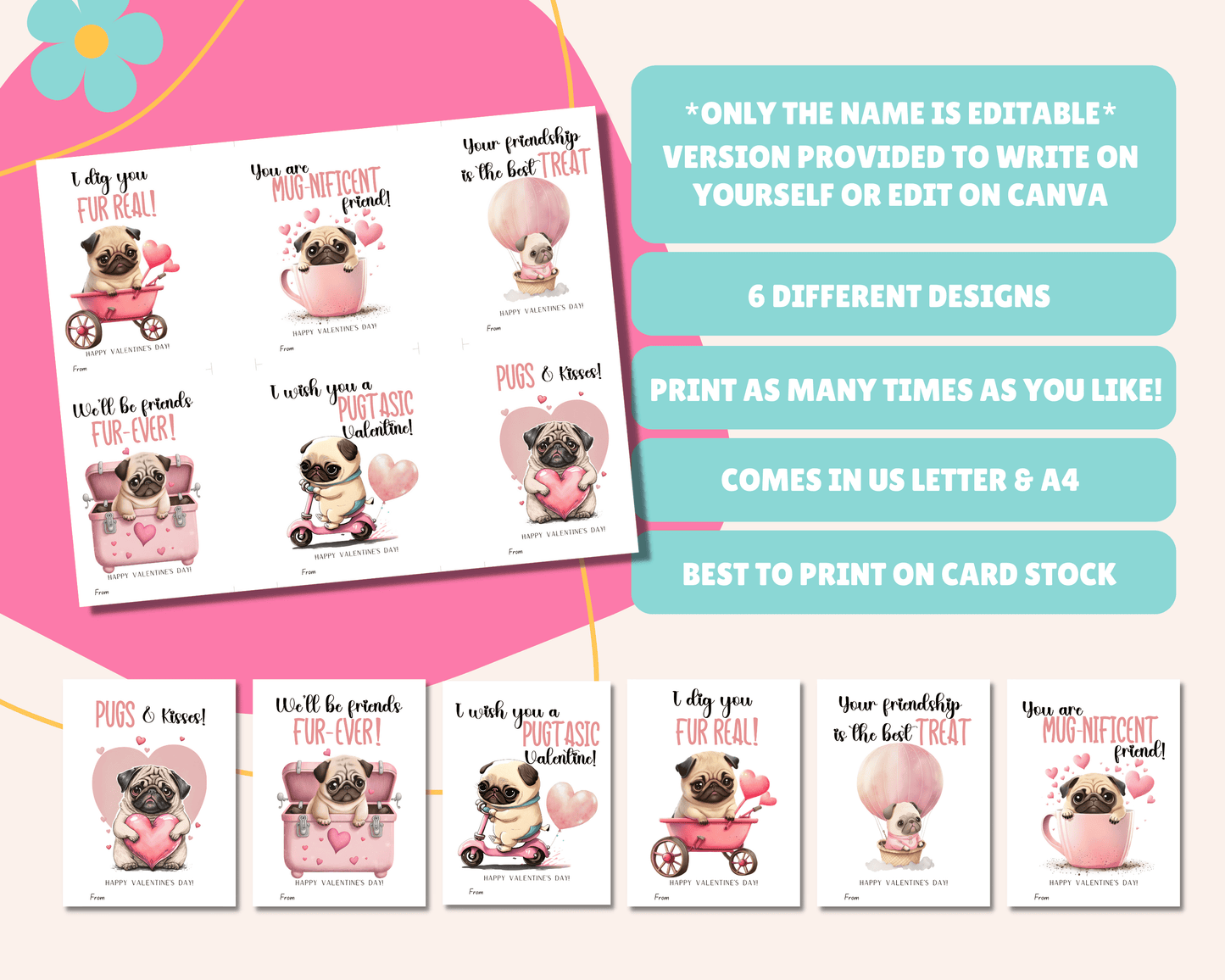 Editable Pug Valentine Cards for Kids Classroom Valentine