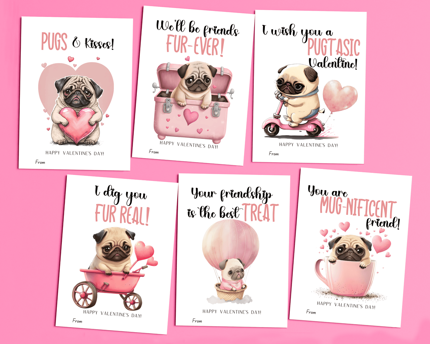 Editable Pug Valentine Cards for Kids Classroom Valentine