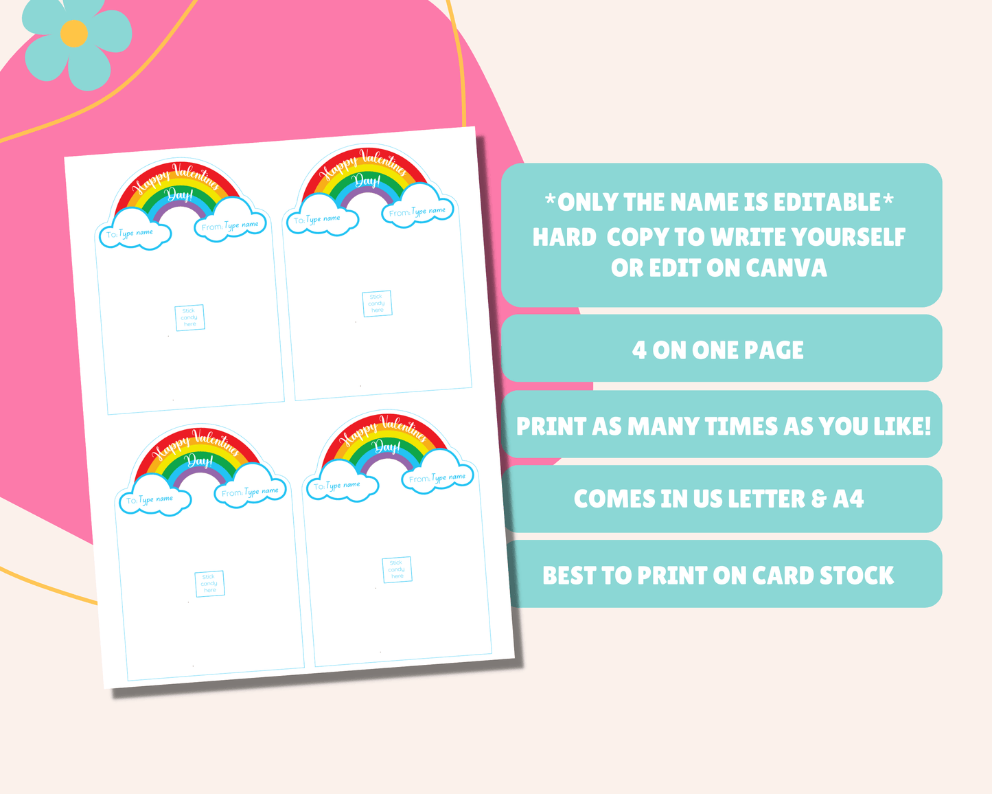 Editable Rainbow Candy Valentine Cards for Kids Classroom Valentine