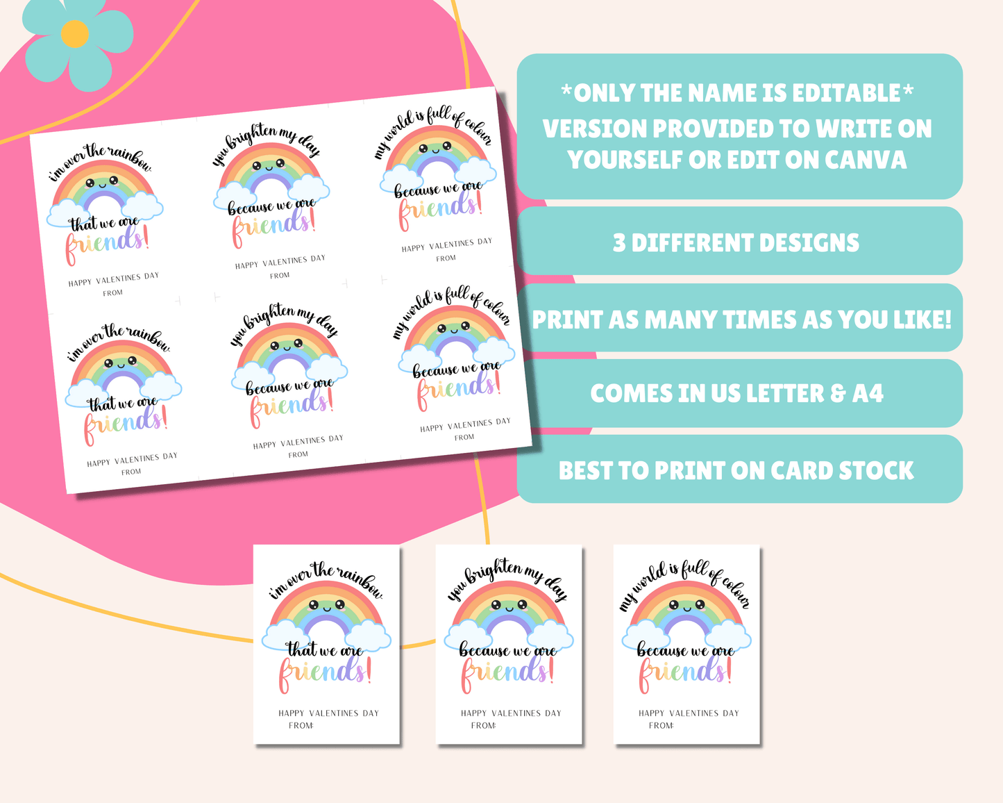 Editable Rainbow Valentine Cards for Kids Classroom Valentine