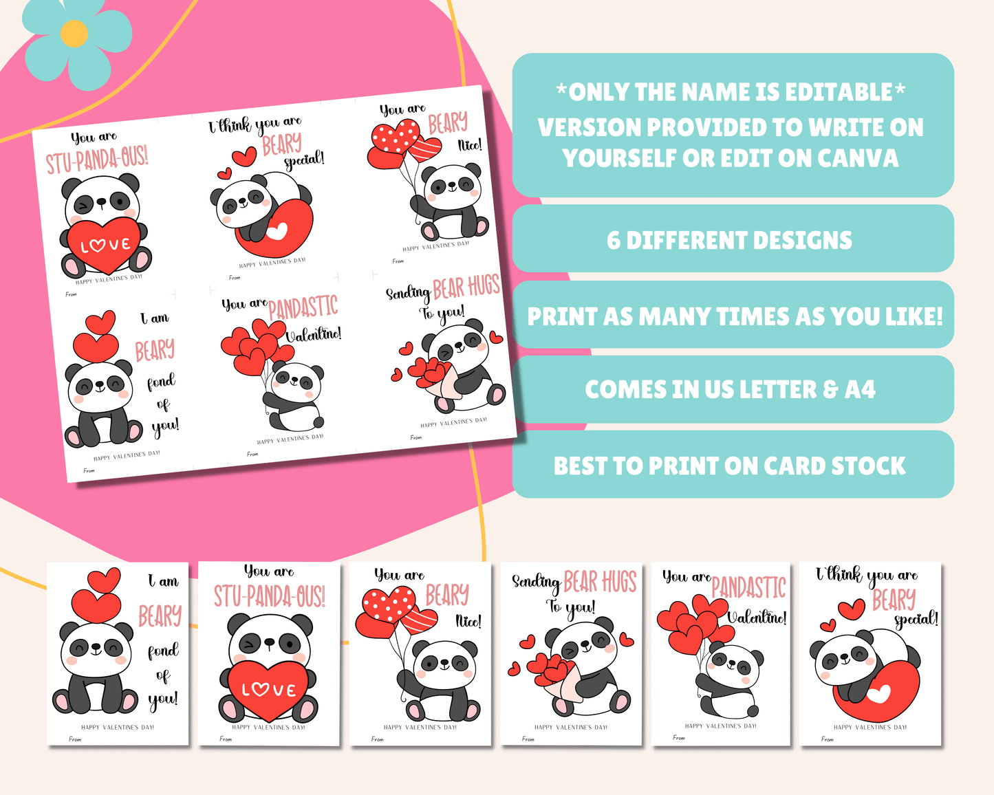Editable Panda Valentine Cards for Kids Classroom Valentine