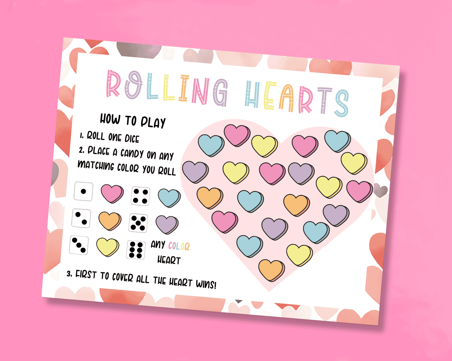 Printable Rolling Hearts Valentine's Day Candy Game for Kids