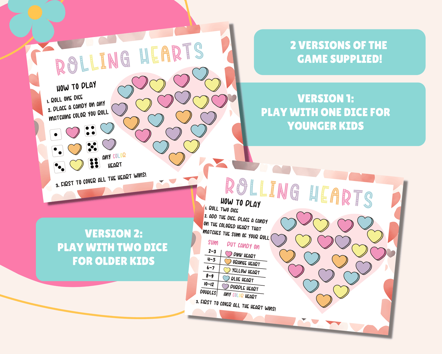 Printable Rolling Hearts Valentine's Day Candy Game for Kids