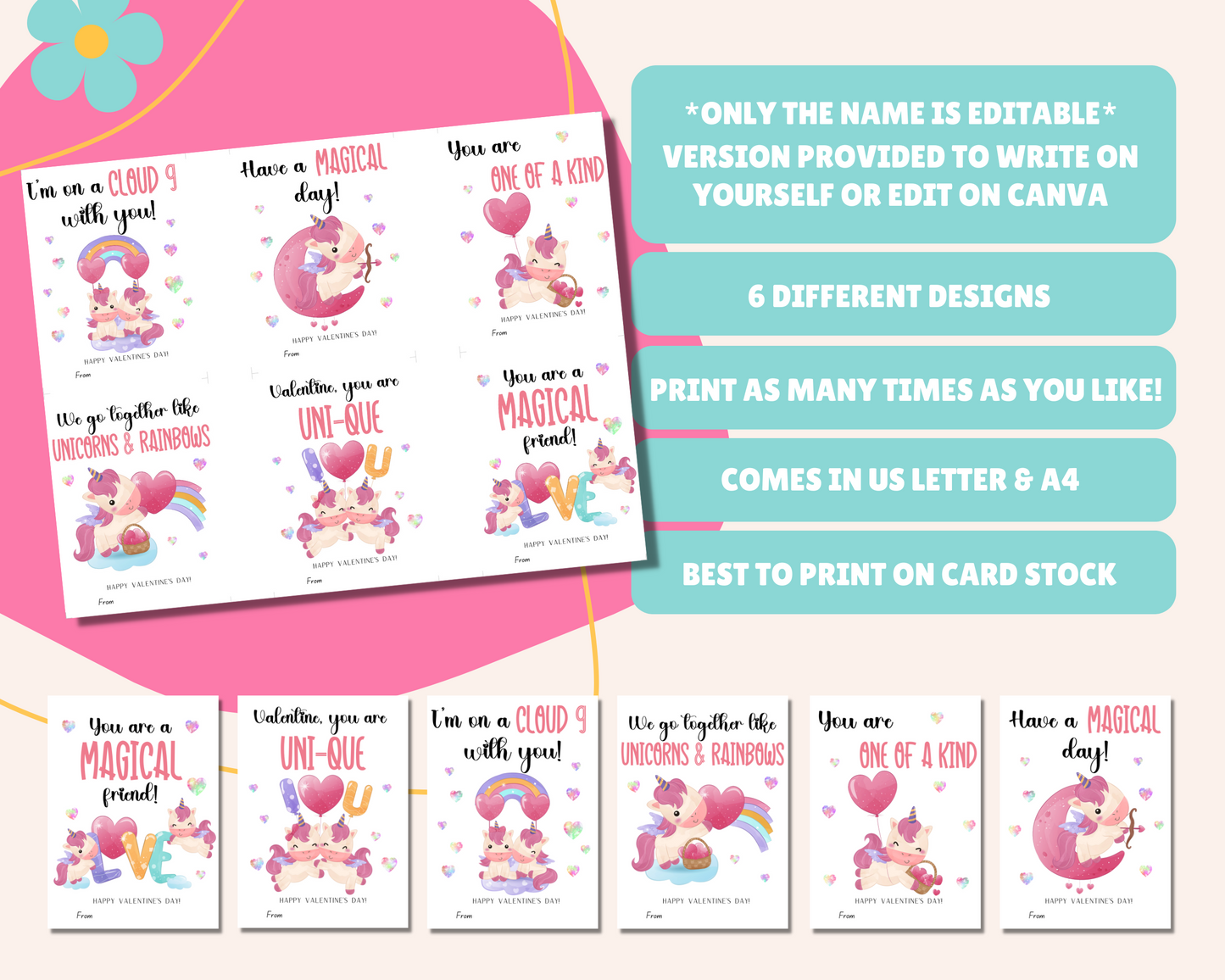 Editable Unicorn Valentine Cards for Kids for Classroom Valentine