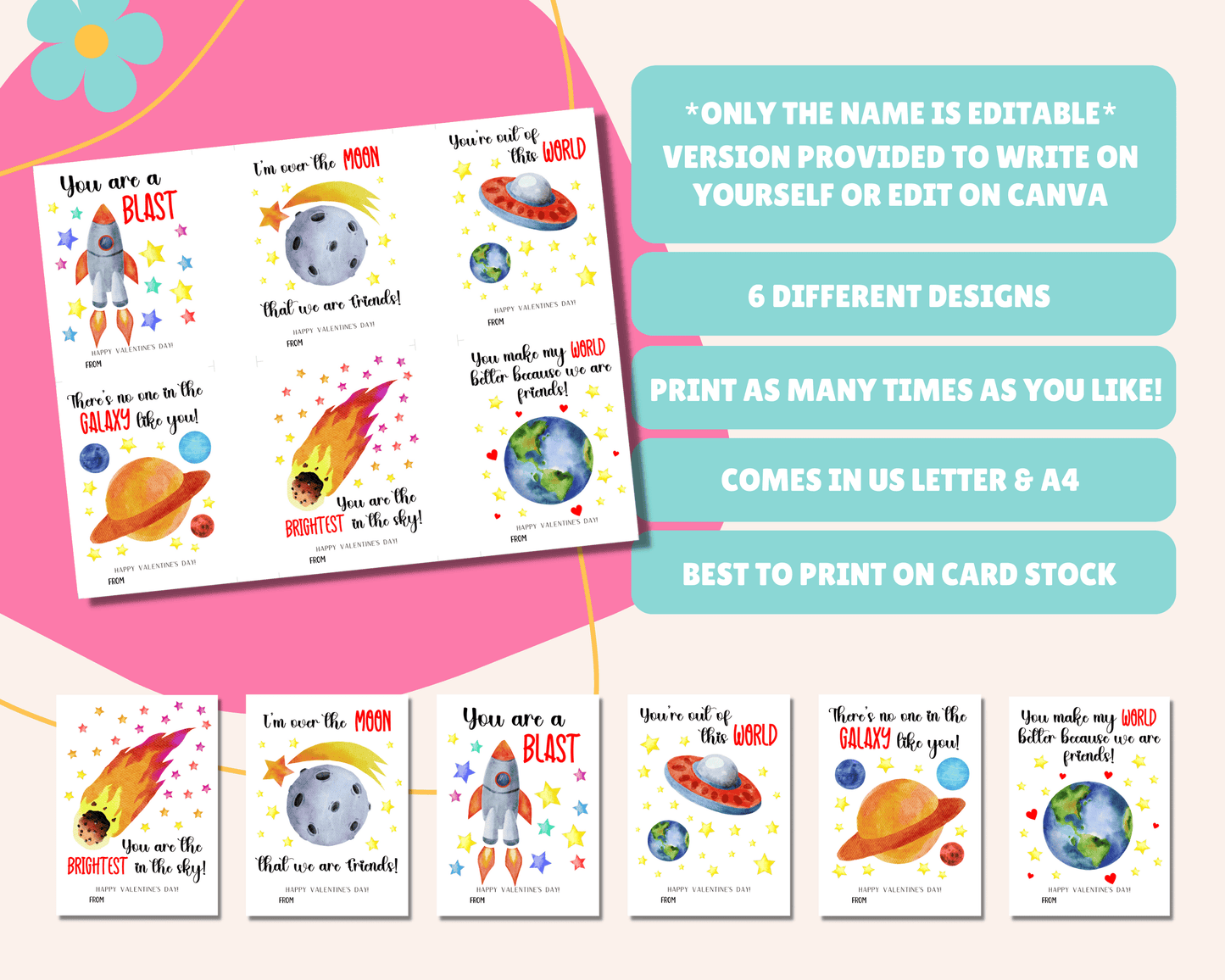 Editable Space Valentine Cards for Kids Classroom Valentine
