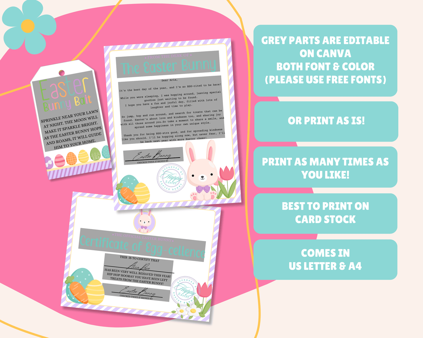 Bunny Bundle - Purple Easter Bunny Bait Tag, Editable Easter Bunny Letter, Certificate